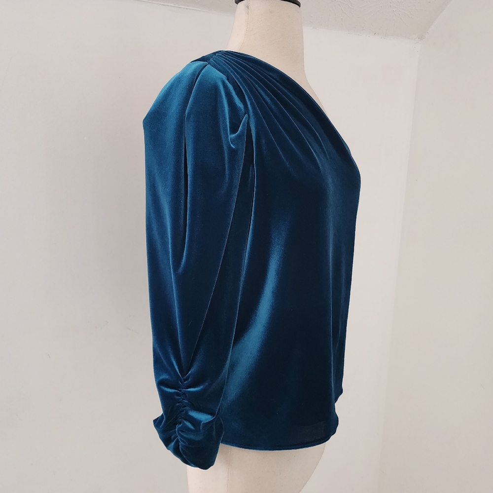 ML Monique Lhuillier One Shoulder Velvet Top Ruched Sleeve Blue Size S - Picture 7 of 15